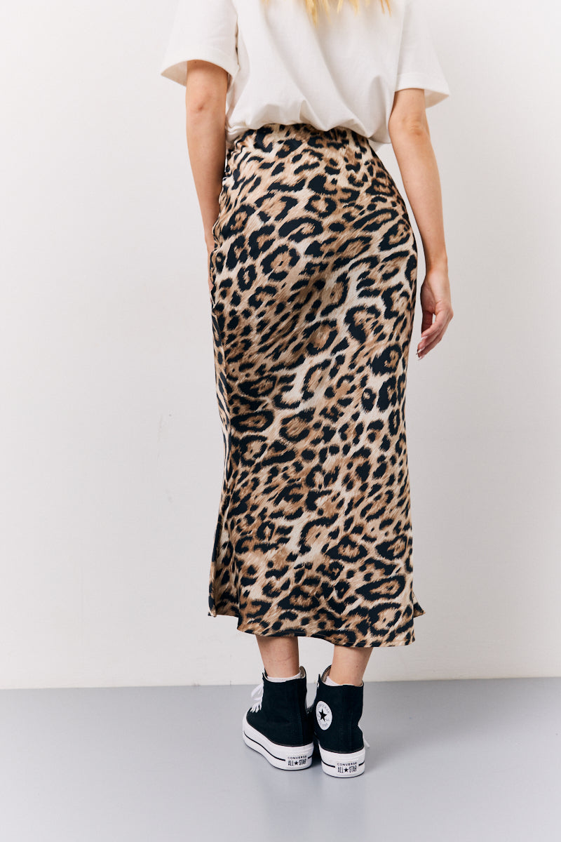 Brown Leopard Print Satin Midaxi Skirt