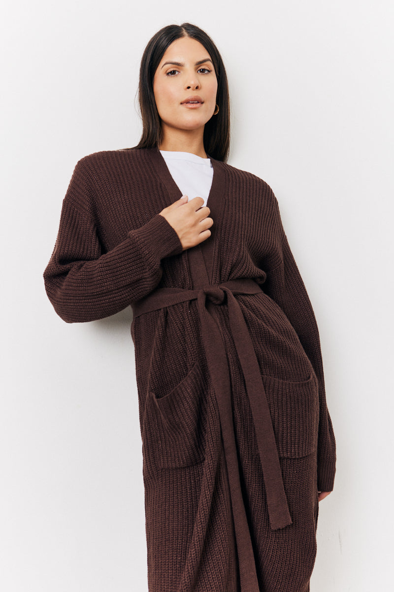 Chocolate Longline Belted Knitted Cardigan