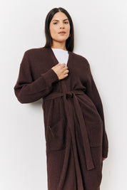 Chocolate Longline Belted Knitted Cardigan