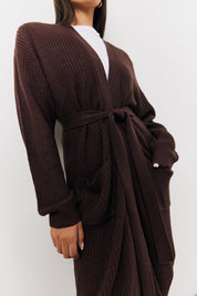 Chocolate Longline Belted Knitted Cardigan