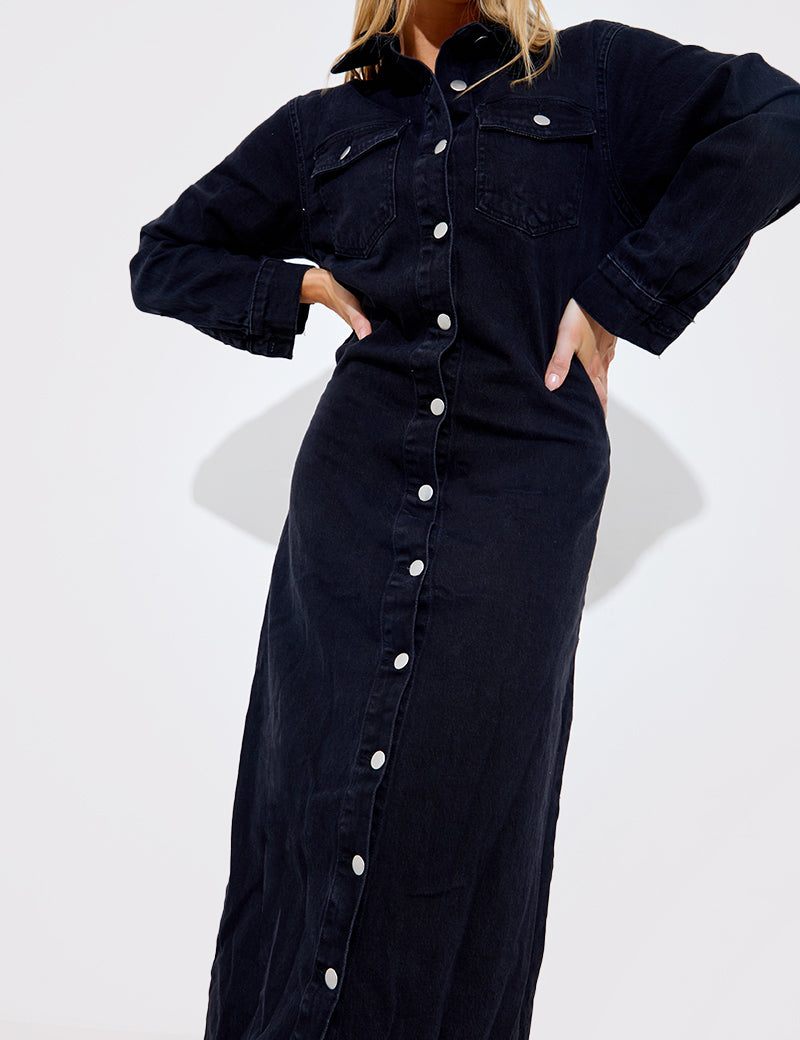 Washed Long Sleeve Denim Maxi Dress