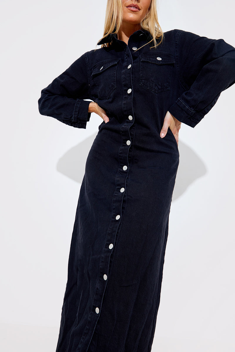 Washed Long Sleeve Denim Maxi Dress