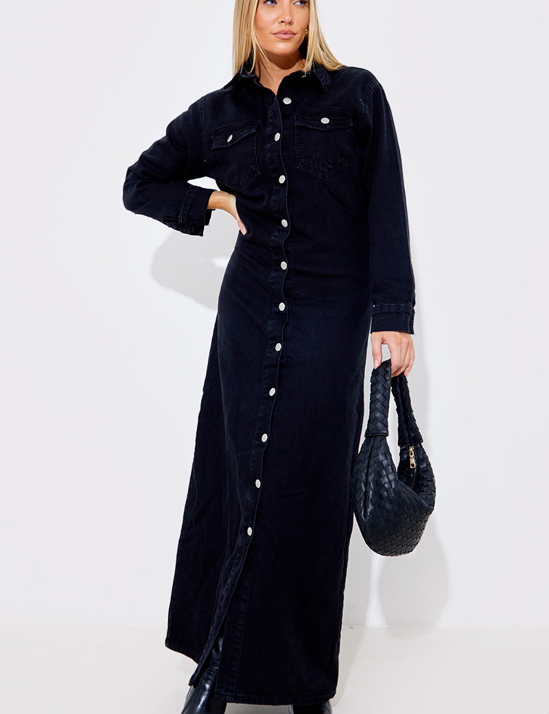 Washed Long Sleeve Denim Maxi Dress