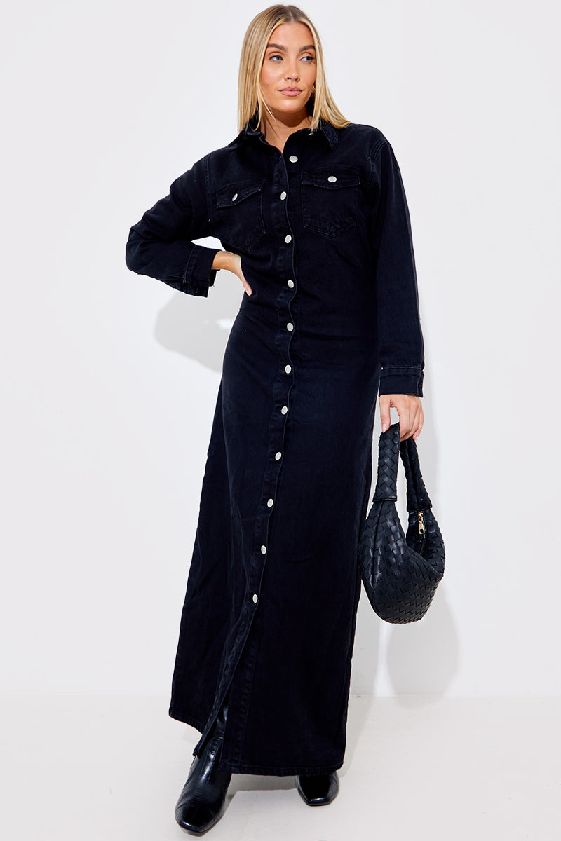 Washed Long Sleeve Denim Maxi Dress