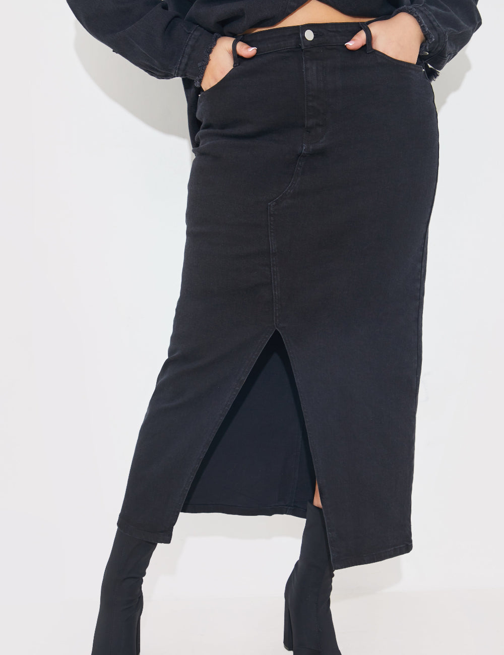 Washed Split Detail Denim Maxi Skirt