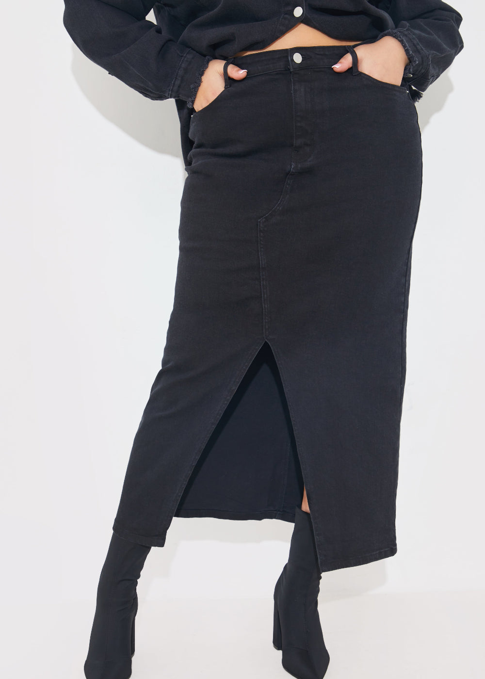 Washed Split Detail Denim Maxi Skirt