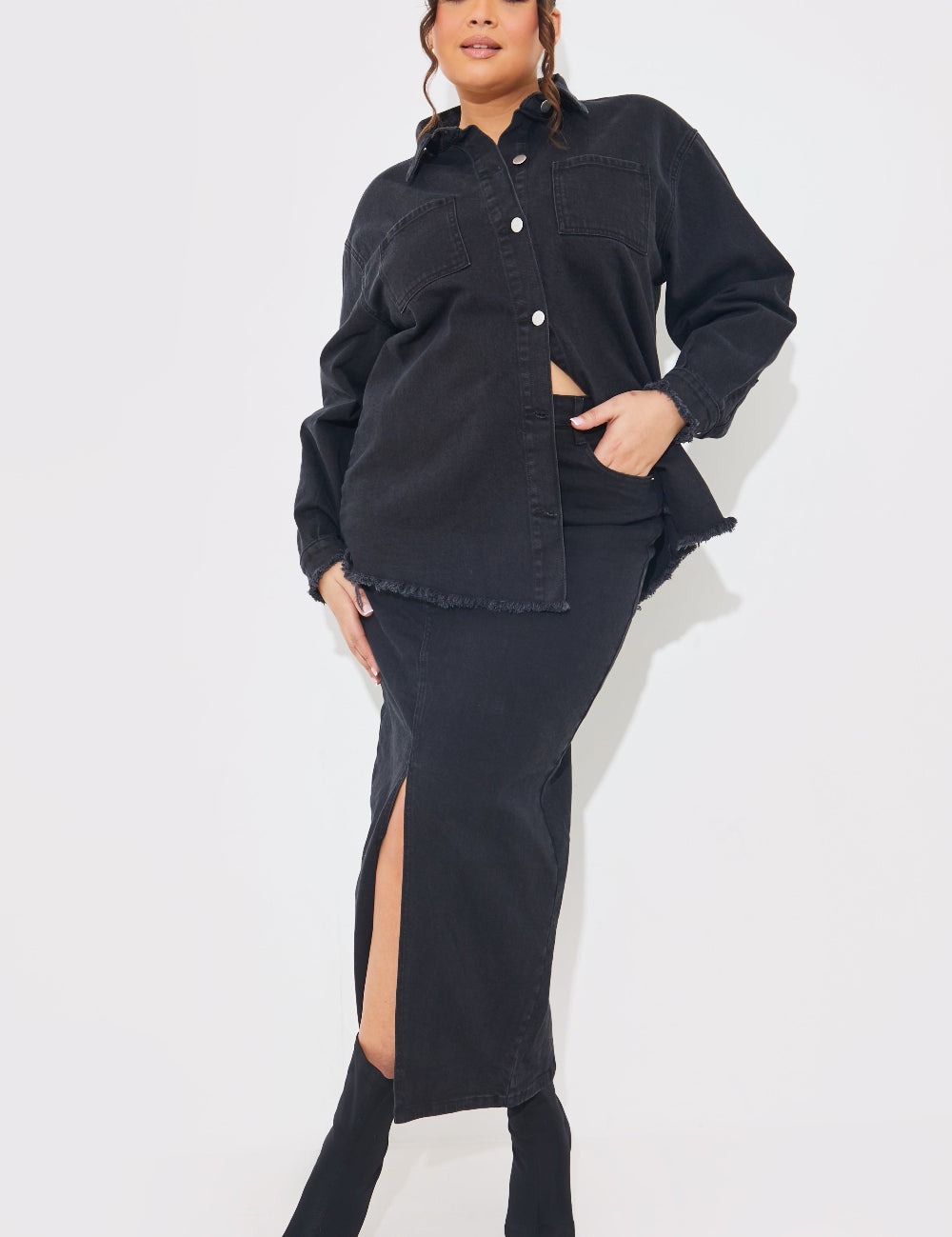 Washed Split Detail Denim Maxi Skirt