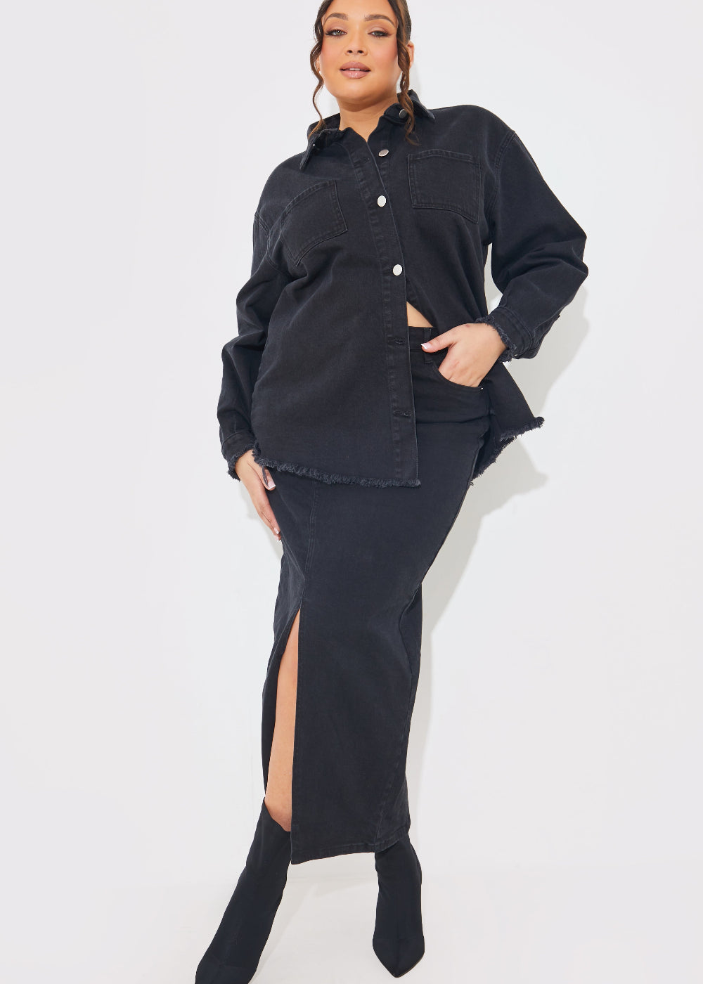 Washed Split Detail Denim Maxi Skirt
