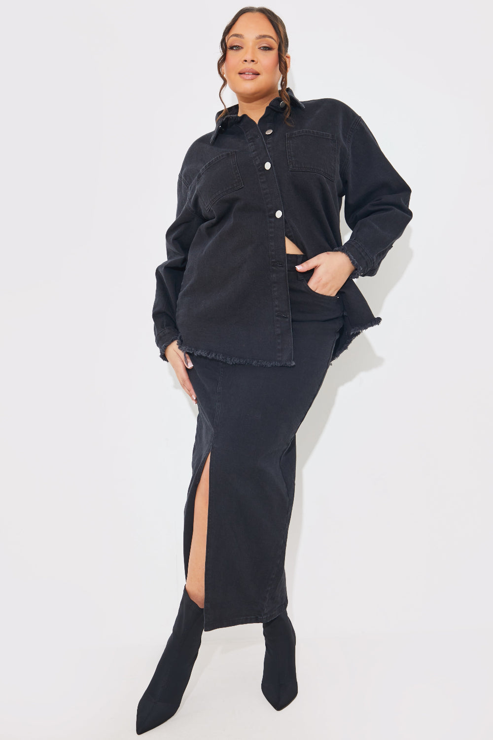 Washed Split Detail Denim Maxi Skirt