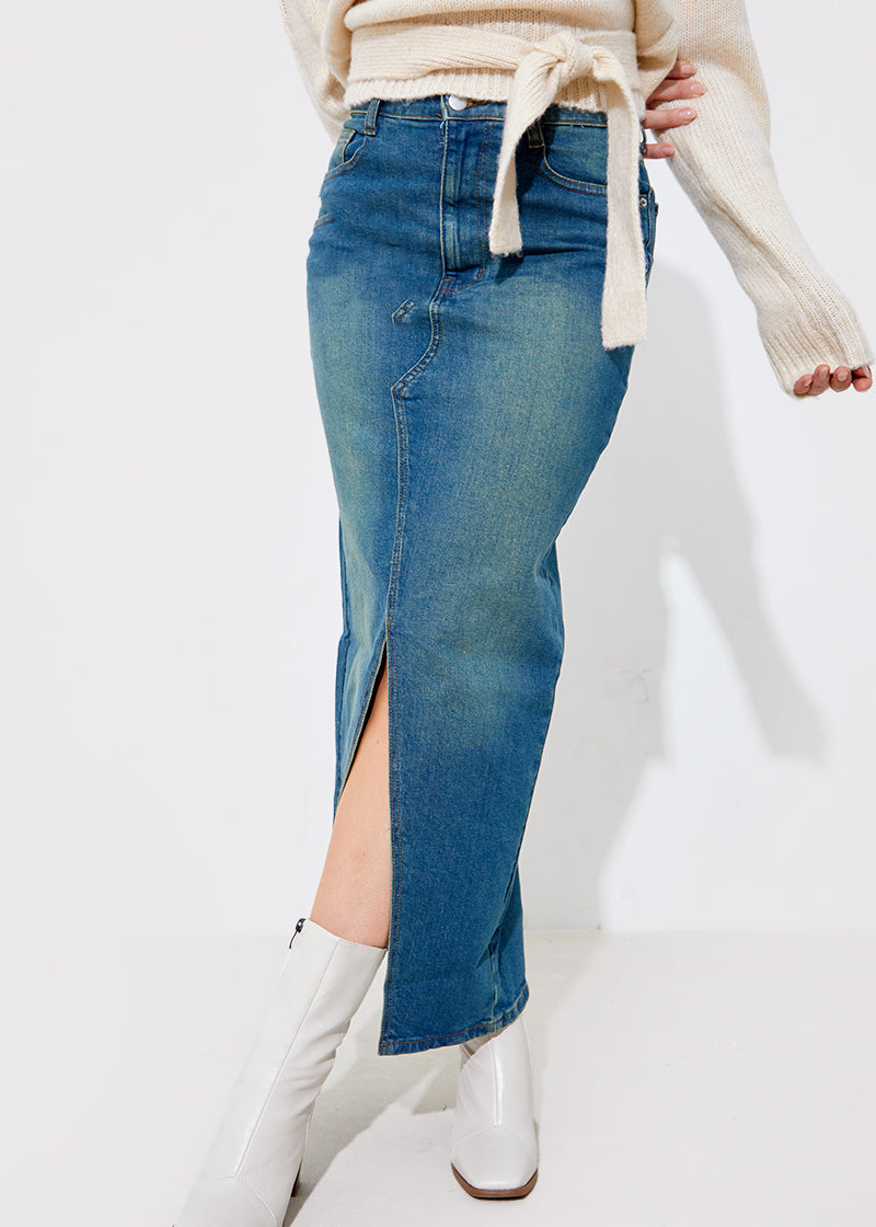 Vintage Wash Split Detail Denim Maxi Skirt