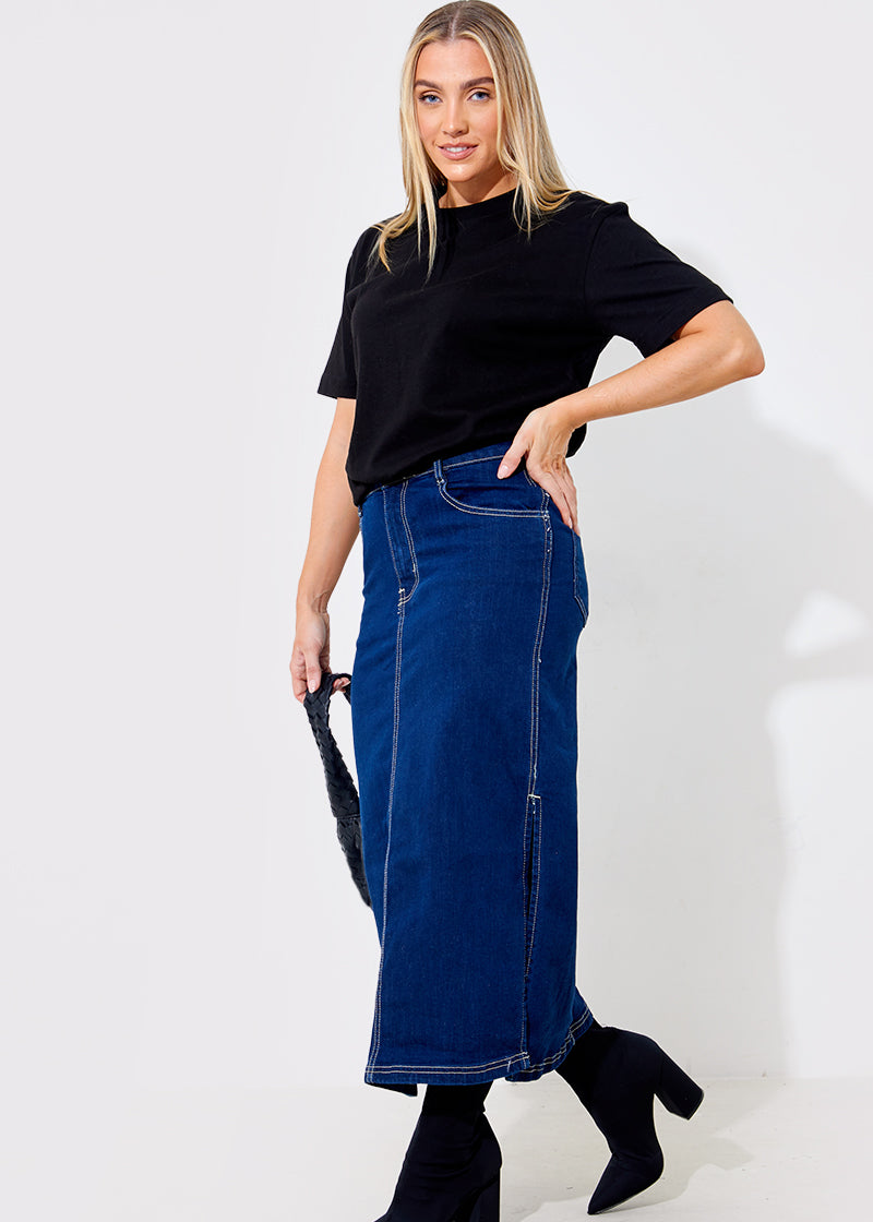 Contrast Stitch Denim Midi Skirt