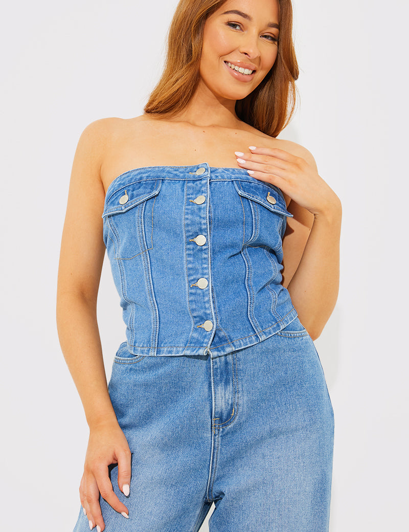 Denim Button Through Corset Bandeau Top
