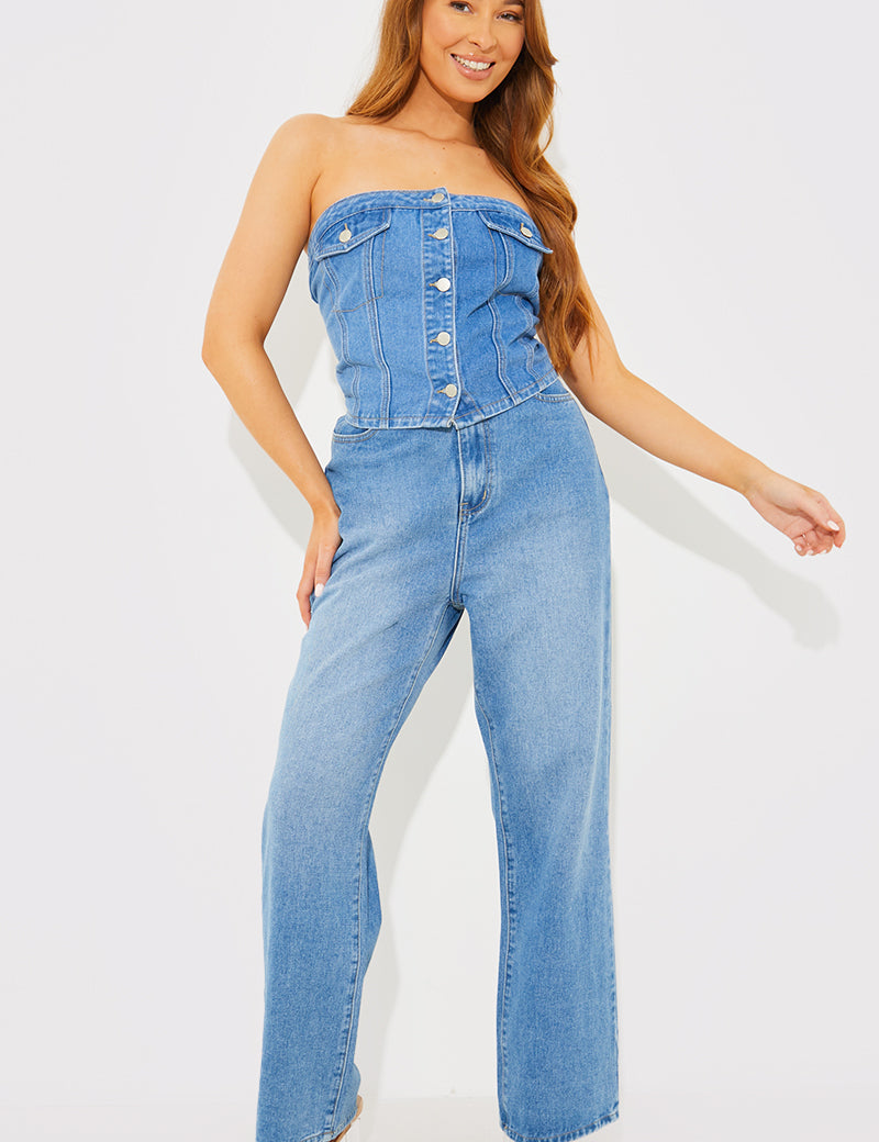 Denim Button Through Corset Bandeau Top