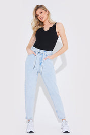 Light Wash Paperbag Tie Waist Jeans