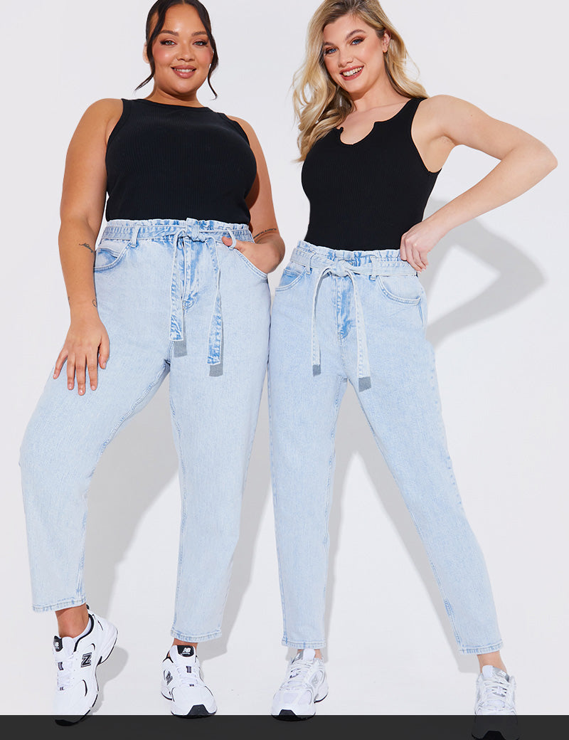Light Wash Paperbag Tie Waist Jeans