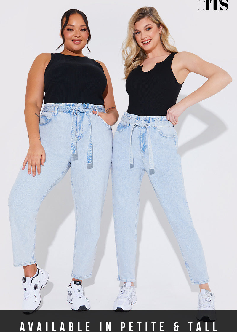 Light Wash Paperbag Tie Waist Jeans