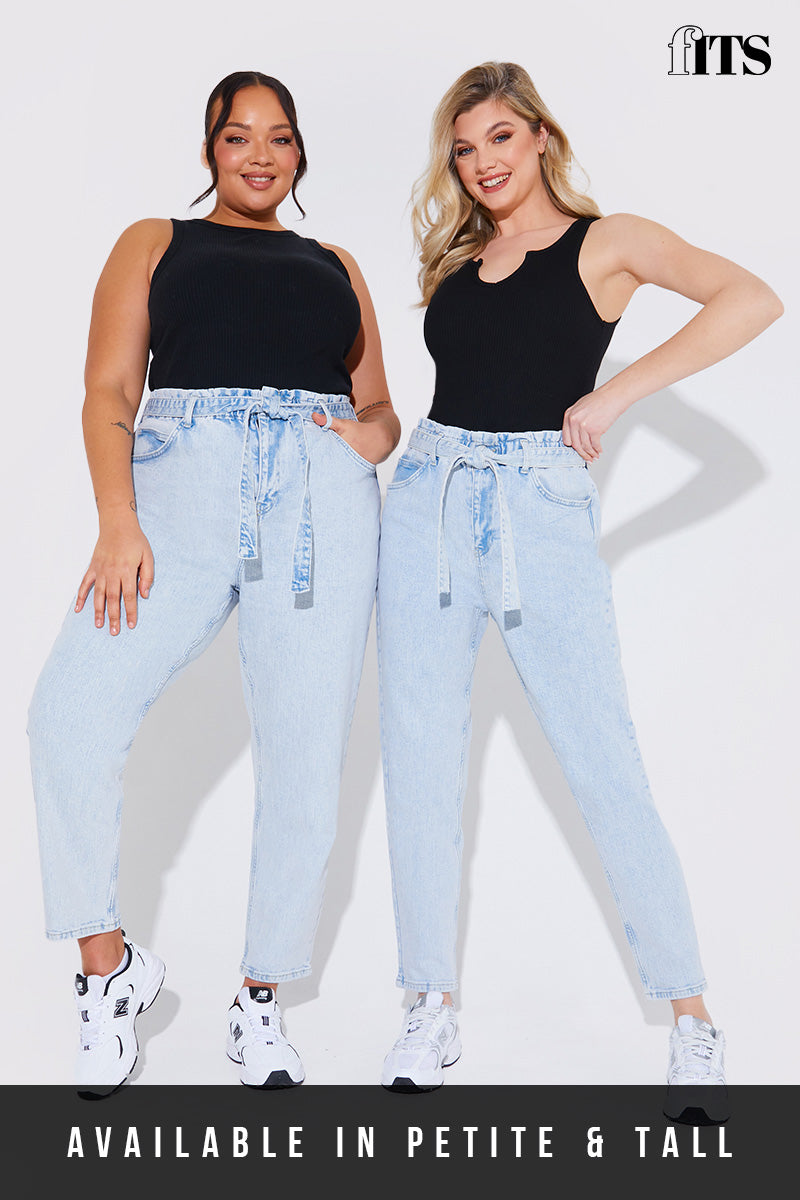 Light Wash Paperbag Tie Waist Jeans
