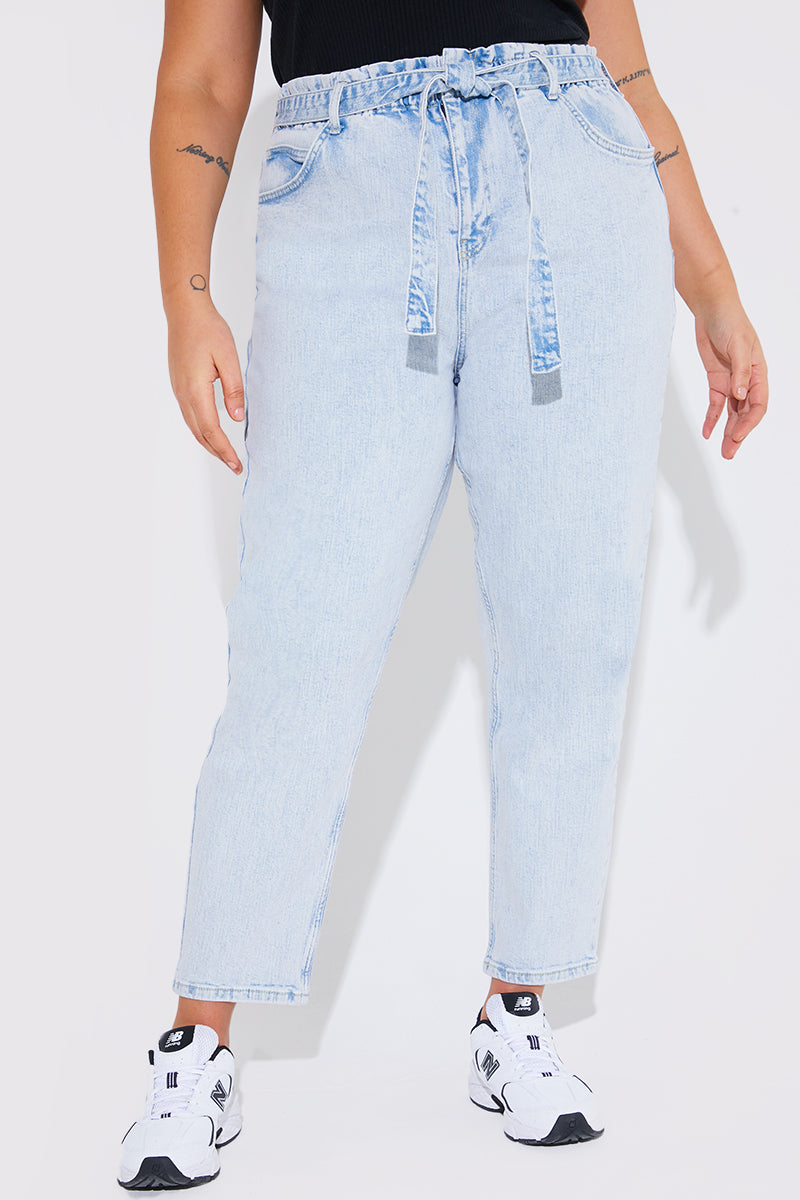 Light Wash Paperbag Tie Waist Jeans
