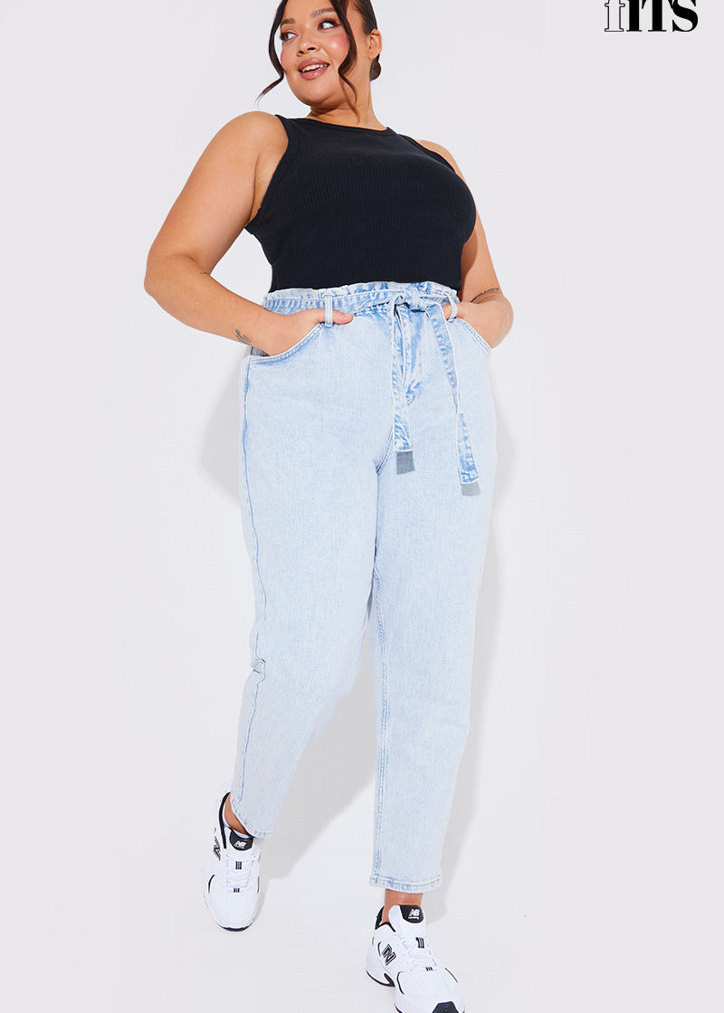 Light Wash Paperbag Tie Waist Jeans