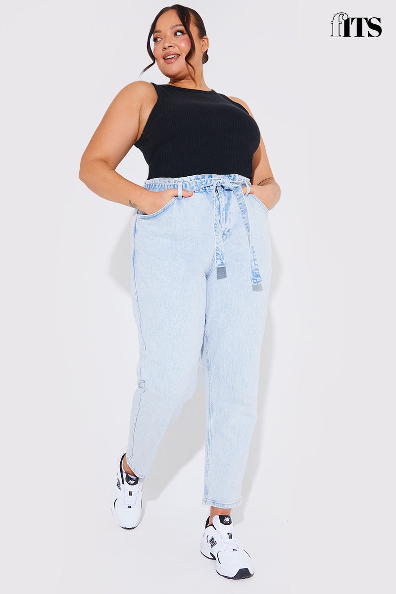 Light Wash Paperbag Tie Waist Jeans
