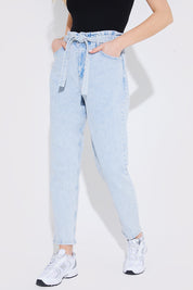 Light Wash Paperbag Tie Waist Jeans
