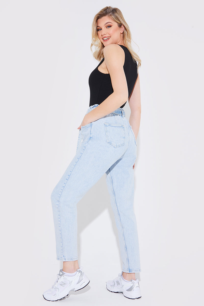 Light Wash Paperbag Tie Waist Jeans