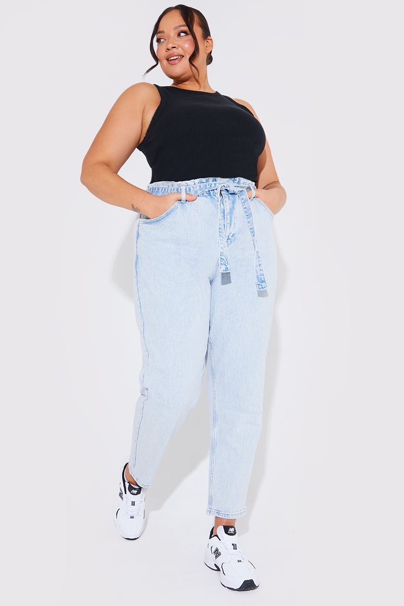 Light Wash Paperbag Tie Waist Jeans