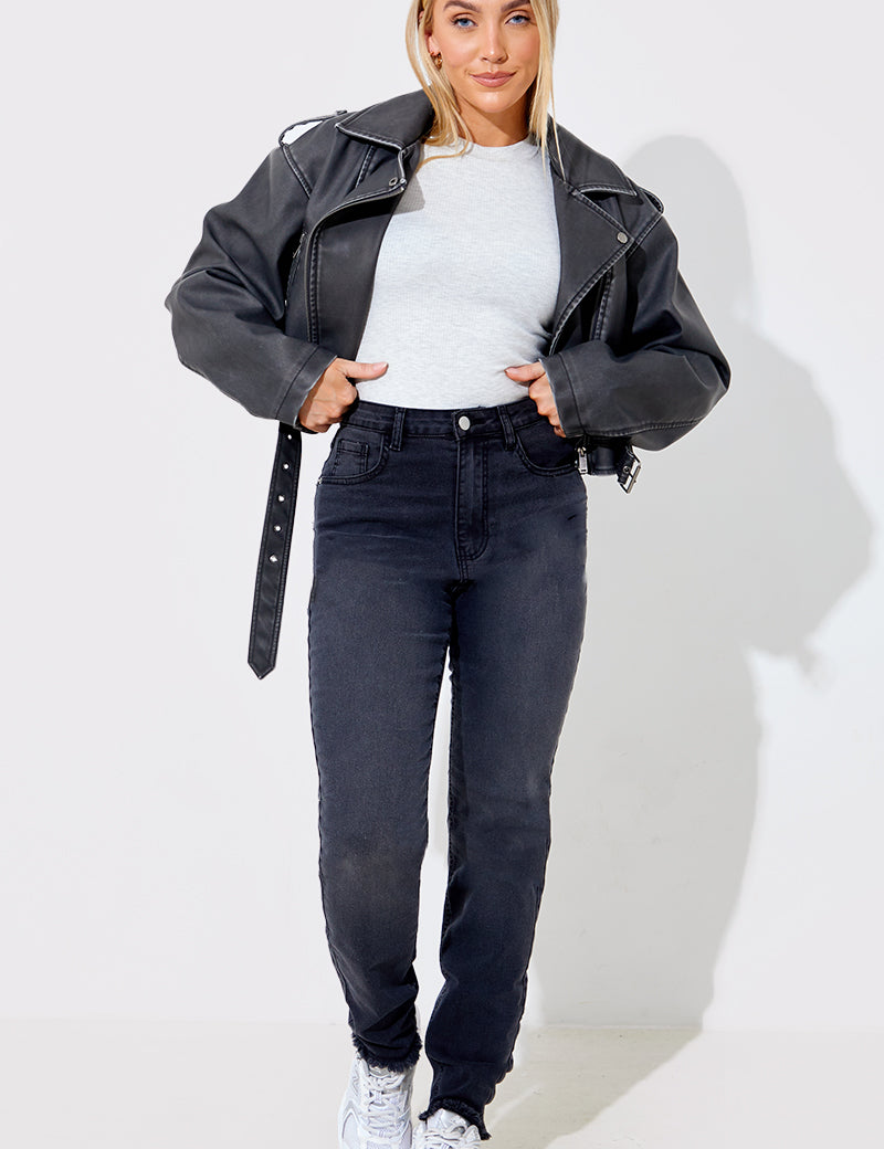 Acid Wash Straight Leg Split Hem Jeans