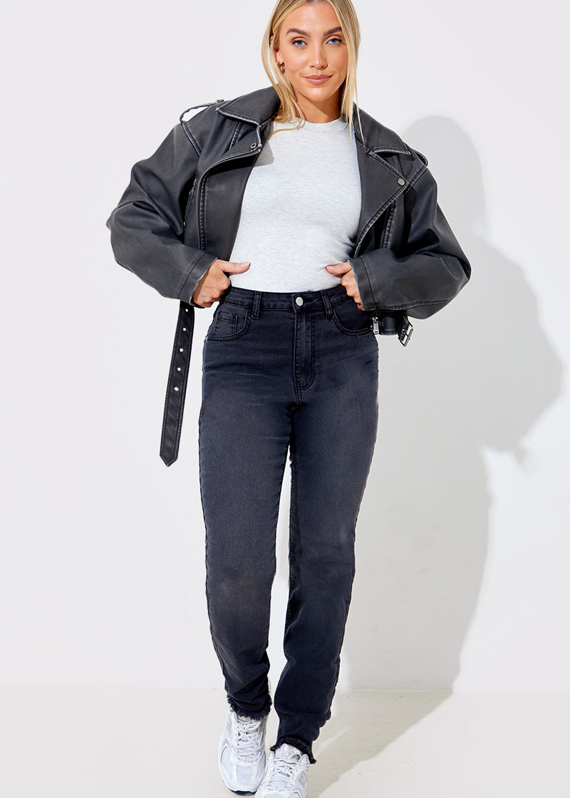 Acid Wash Straight Leg Split Hem Jeans