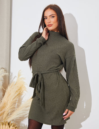 BRUSHED RIB LOOSE BELTED DRESS