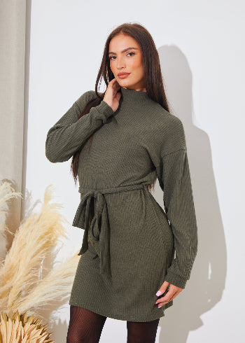 BRUSHED RIB LOOSE BELTED DRESS