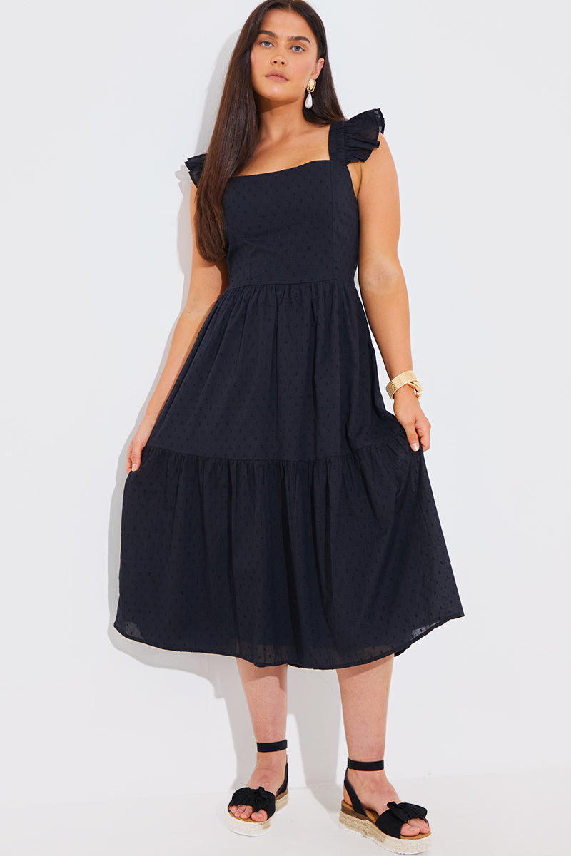 Cotton Dobby Frill Strap Tie Back Midi Dress