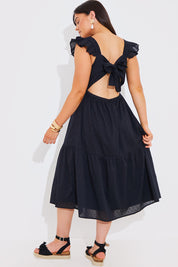 Cotton Dobby Frill Strap Tie Back Midi Dress
