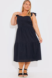Cotton Dobby Frill Strap Tie Back Midi Dress