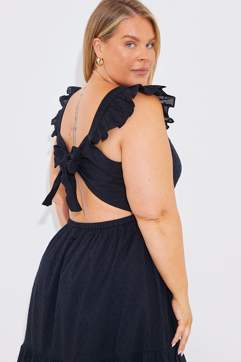 Cotton Dobby Frill Strap Tie Back Midi Dress