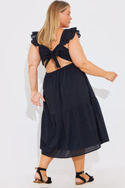 Cotton Dobby Frill Strap Tie Back Midi Dress