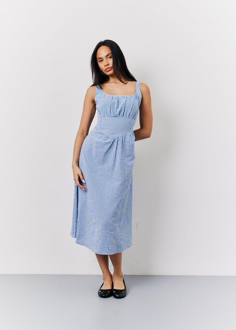 Blue Seersucker Gingham Milkmaid Midaxi Dress