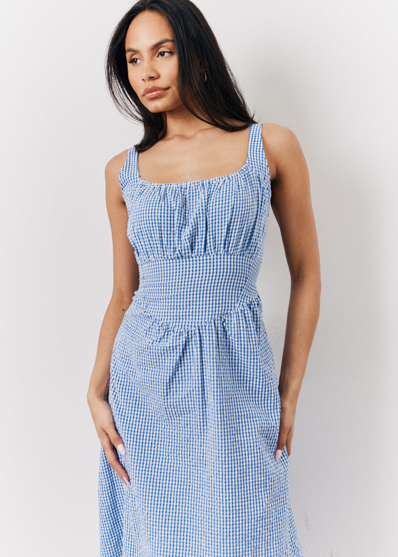 Blue Seersucker Gingham Milkmaid Midaxi Dress