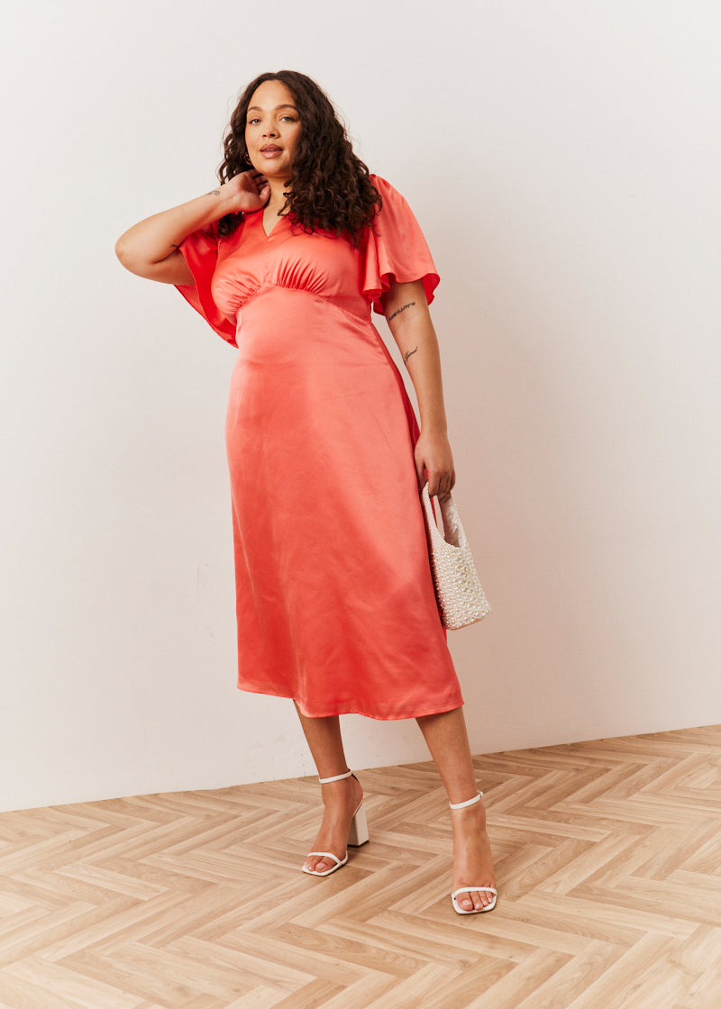 Coral Satin Flutter Sleeve Maxi Slip Dress