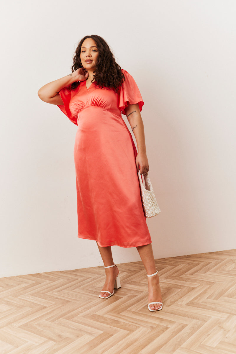 Coral Satin Flutter Sleeve Maxi Slip Dress