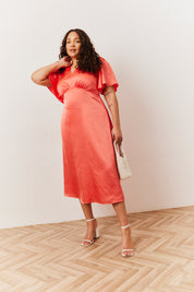 Coral Satin Flutter Sleeve Maxi Slip Dress