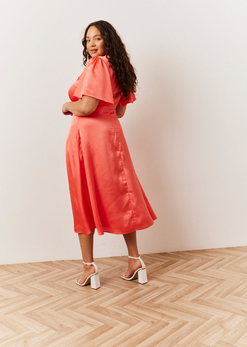 Coral Satin Flutter Sleeve Maxi Slip Dress