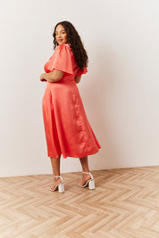 Coral Satin Flutter Sleeve Maxi Slip Dress