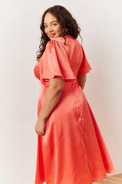 Coral Satin Flutter Sleeve Maxi Slip Dress