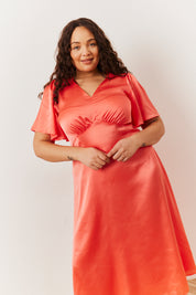 Coral Satin Flutter Sleeve Maxi Slip Dress