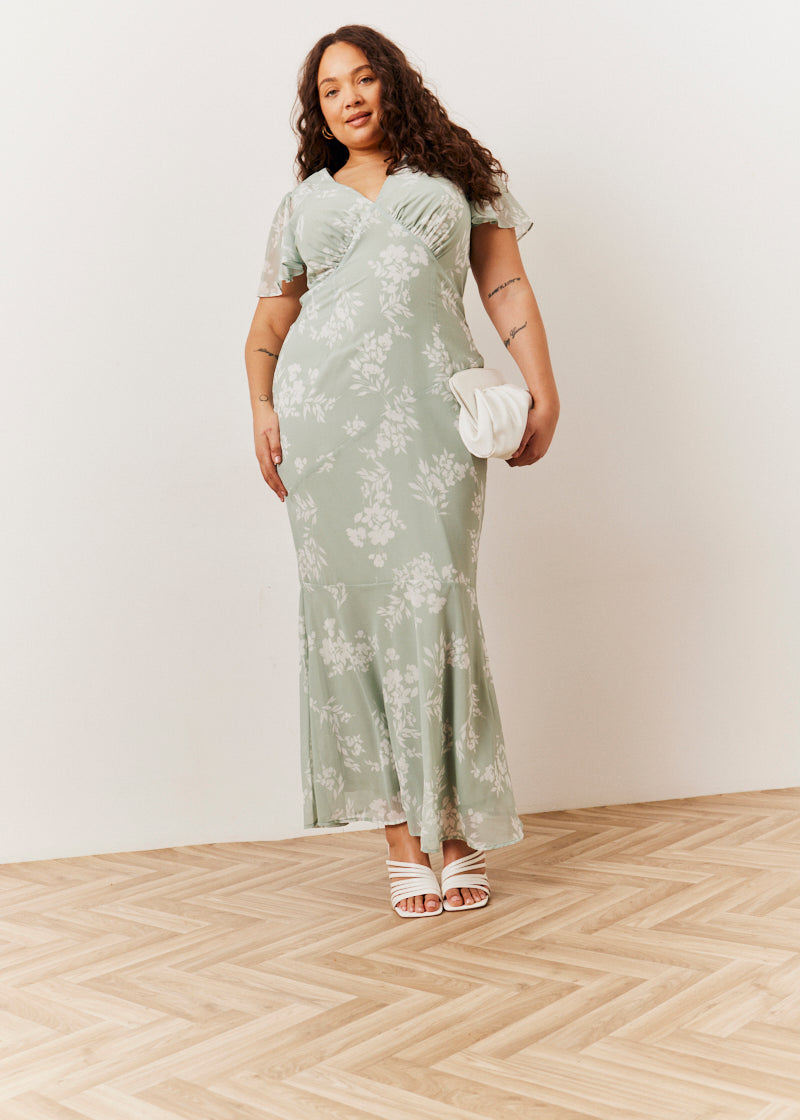 Sage Floral Print Chiffon Flutter Sleeve Maxi Dress