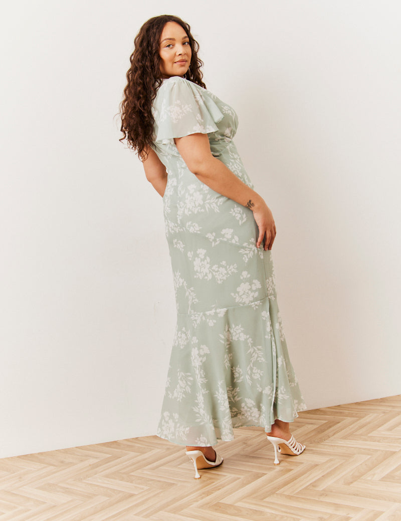 Sage Floral Print Chiffon Flutter Sleeve Maxi Dress