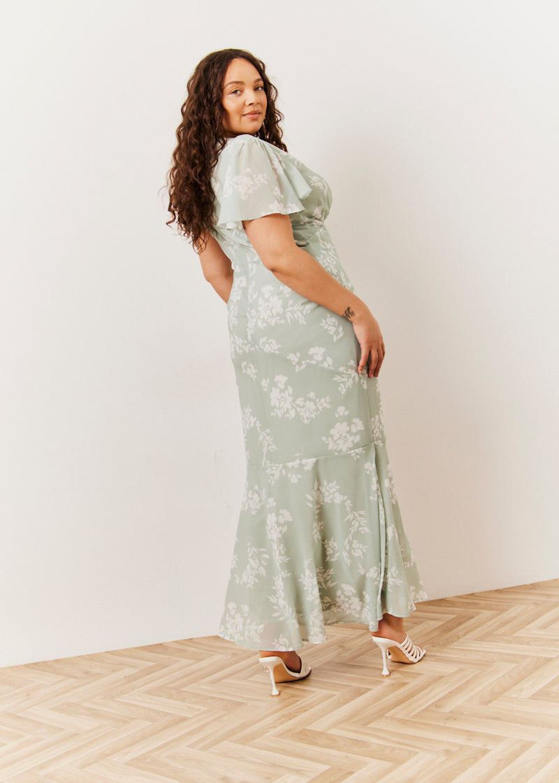Sage Floral Print Chiffon Flutter Sleeve Maxi Dress