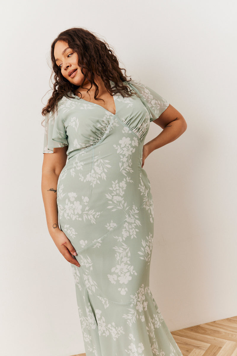 Sage Floral Print Chiffon Flutter Sleeve Maxi Dress – InTheStyle