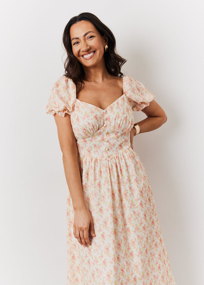Floral Puff Sleeve Milkmaid Midi Dress